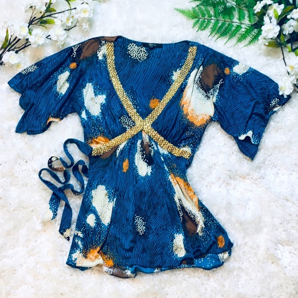 Sky Tops - SKY 100 SILK Blue Split Flutter Sleeve Wrap Blouse